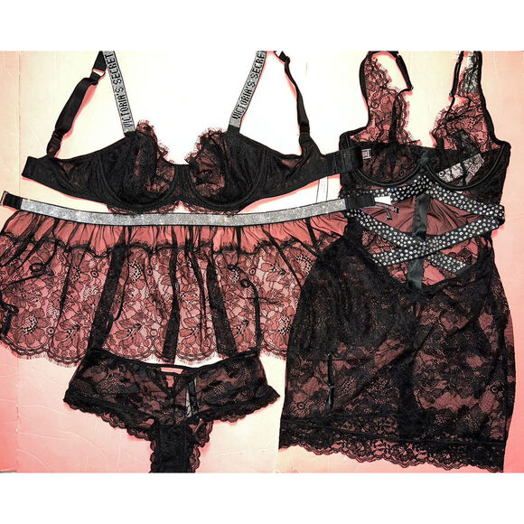 Victoria's Secret unlined 32DD,34DD BRA SET+garter+DRESS BLACK LACE SHINE STRAP